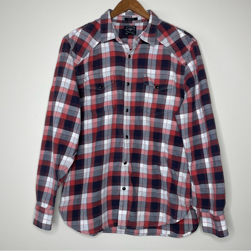 Lucky Brand Classic Fit Red and Gray Snap Front Checkered Flannel Shirt